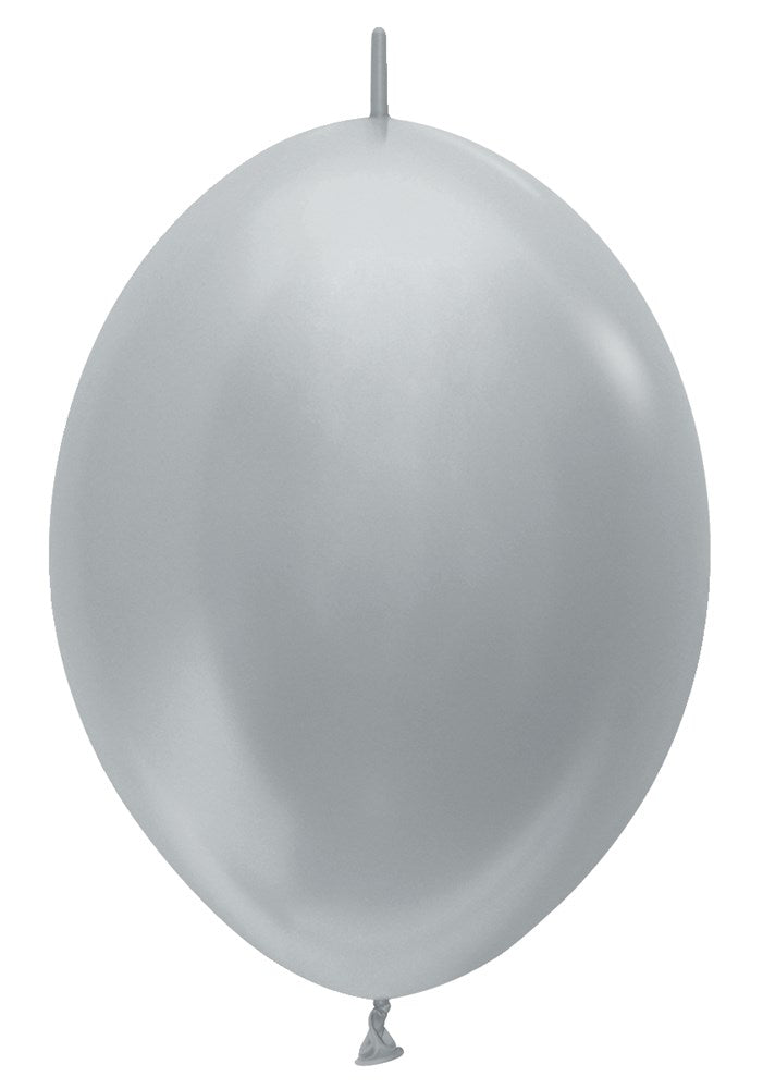 Metallic silver latex balloon with a smooth, shiny surface and a rounded shape.
