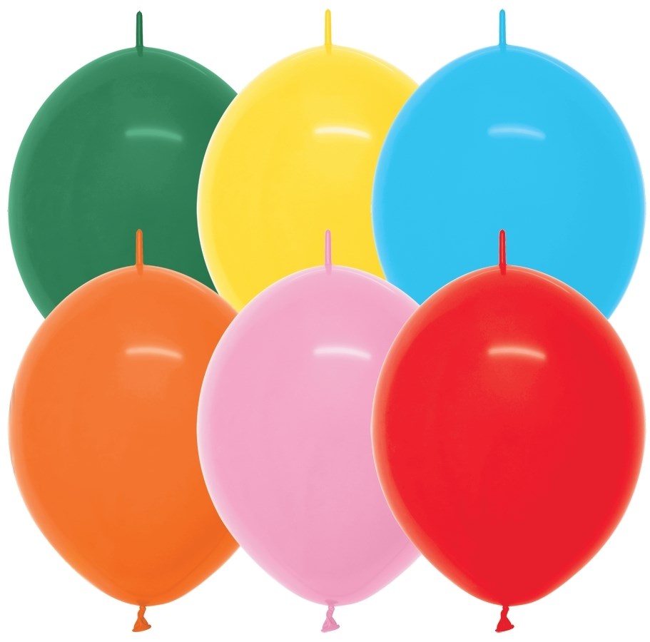Six 6-inch latex balloons in green, yellow, blue, orange, pink, and red colors arranged in two rows.