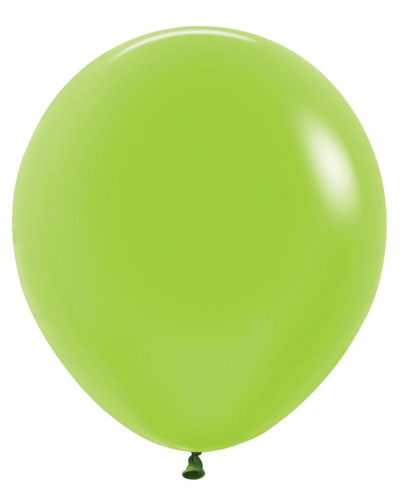 Bright neon green latex balloon, 18-inch round shape, smooth glossy surface.