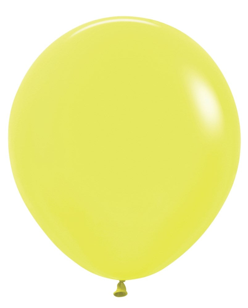 Bright neon yellow latex balloon, 18 inches round, smooth surface, tied end visible.
