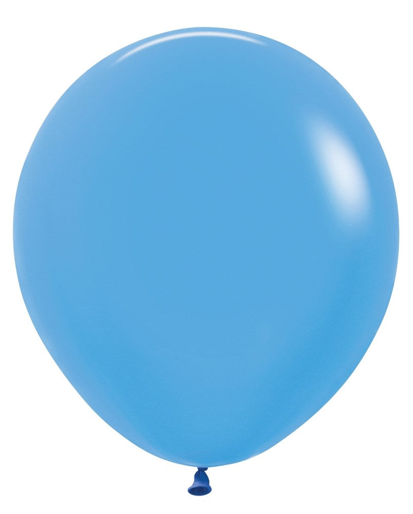 Bright neon blue 18-inch round latex balloon with a smooth, glossy finish and tied tip.