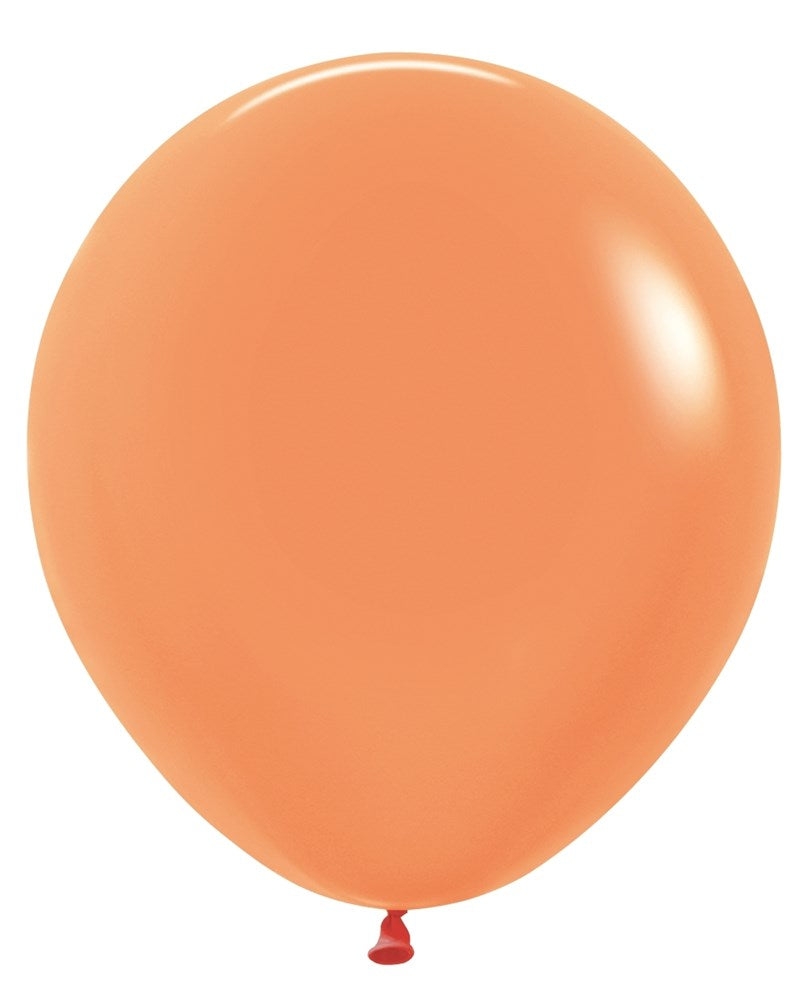 Bright neon orange 18-inch round latex balloon with a tied red neck.
