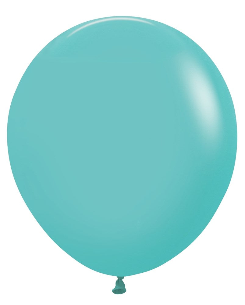 18 inch robin's egg blue latex balloon with a smooth, round shape and tied end.