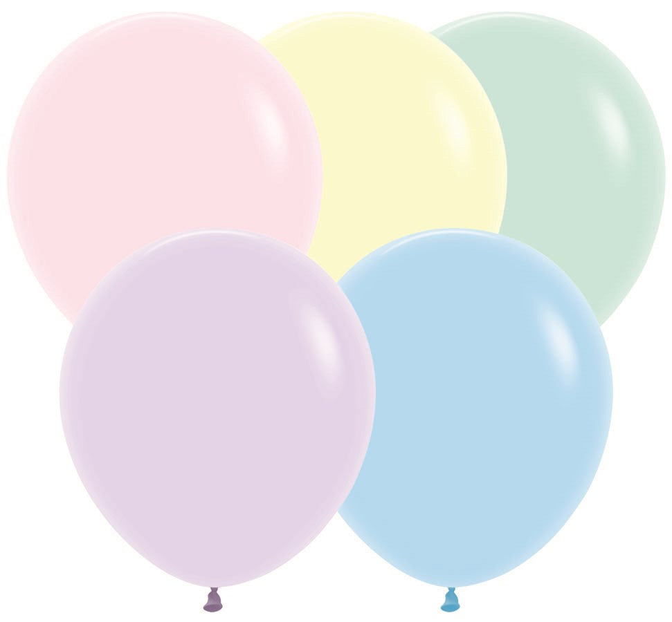 Five pastel matte latex balloons in pink, yellow, green, lavender, and blue, 18 inches each.