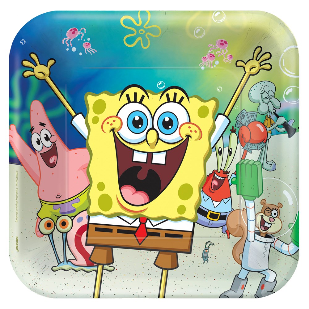 Square paper plate with colorful SpongeBob SquarePants and friends, 9-inch party plate.