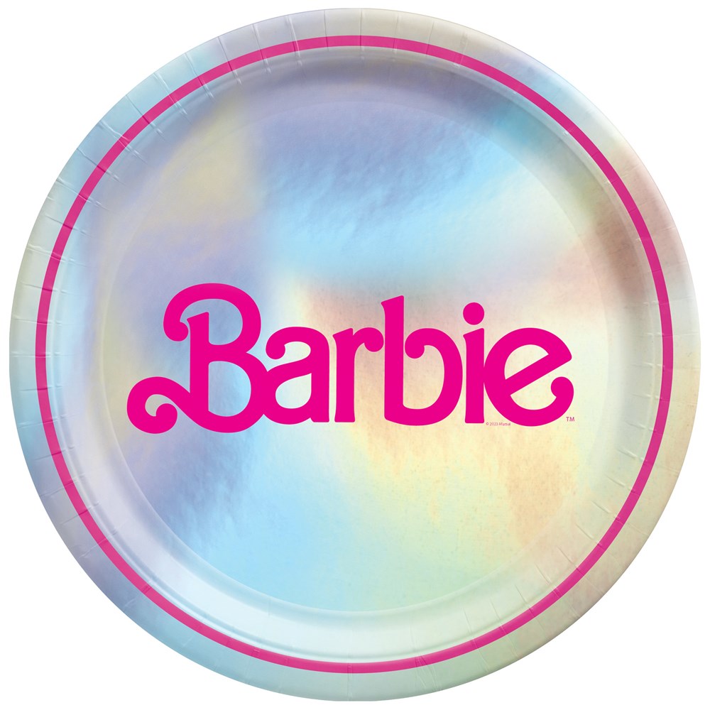 Round 9-inch metallic plates with iridescent finish and bright pink Barbie logo and border.