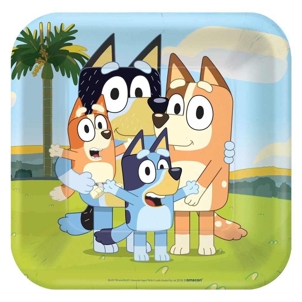 Square 9-inch plate featuring Bluey and family on a colorful outdoor background.