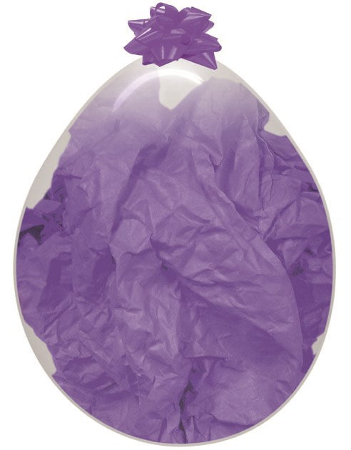 18-inch clear latex balloon filled with crinkled purple tissue paper and topped with a purple bow.