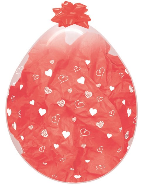 18-inch clear latex balloon with red heart-shaped stuffing and white infinity heart print, sealed with a red bow.