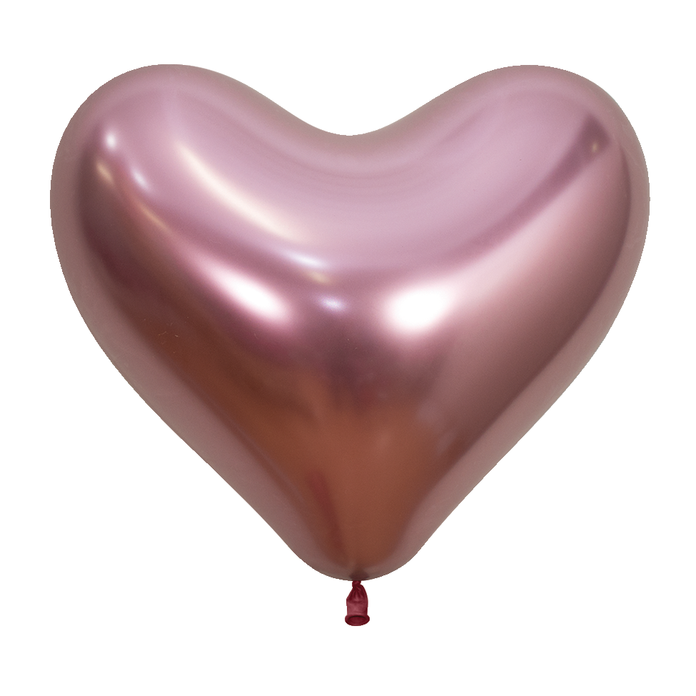 Shiny reflex pink latex balloon shaped like a heart, 14-inch size, single inflated balloon.