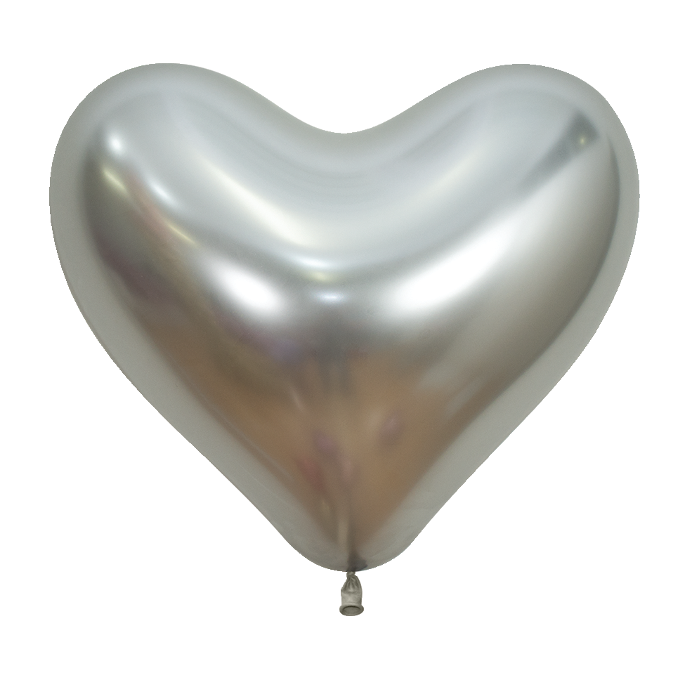 Shiny silver metallic latex balloon shaped like a heart, 14-inch size, reflective surface.