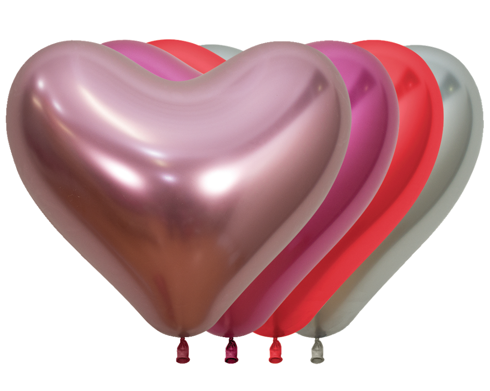 Five 14-inch heart-shaped latex balloons in metallic rose gold, pink, red, and white colors arranged overlapping.