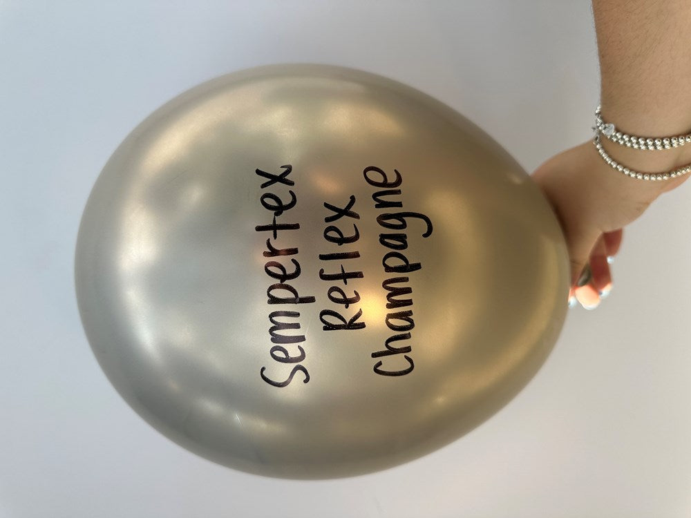 18 inch round champagne-colored latex balloon with Sempertex Reflex print.