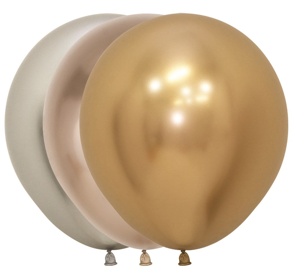 Set of three 18-inch latex balloons in shiny gold, pearl beige, and silver colors.