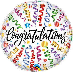 Round foil balloon with colorful confetti and streamers and "Congratulations" in black script.