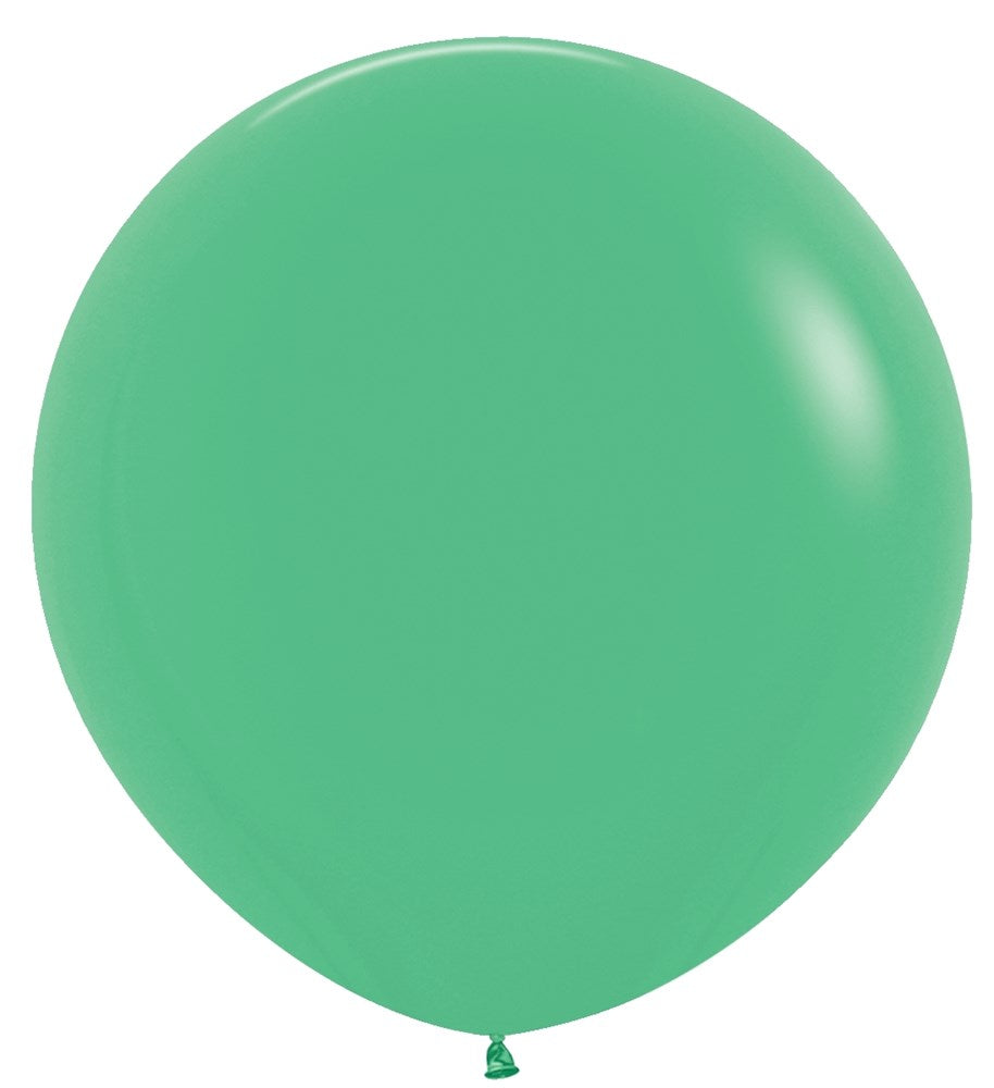 Large round green latex balloon inflated and tied at the bottom.