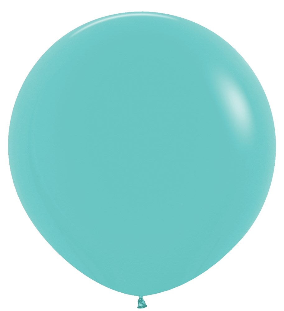 Round robin's egg blue latex balloon, 36 inches inflated, smooth surface, tied at the bottom.