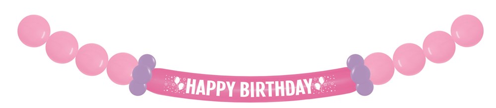 Pink latex balloon banner with round balloons and a central "Happy Birthday" printed balloon.