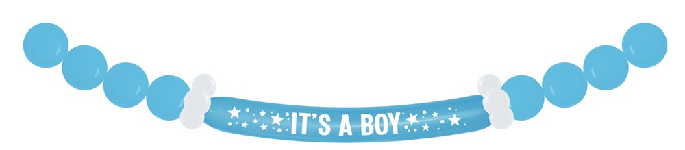 Blue latex balloon banner spelling "It's A Boy" with white cloud-shaped balloons on each end.