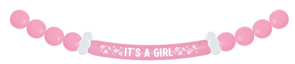 Pink latex balloon banner with white "It's A Girl" text and baby-themed illustrations, 17 balloons total.
