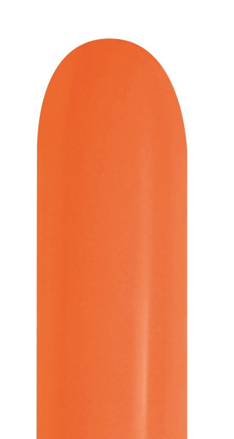 Bright orange latex balloon uninflated with a smooth, elongated 260 shape.
