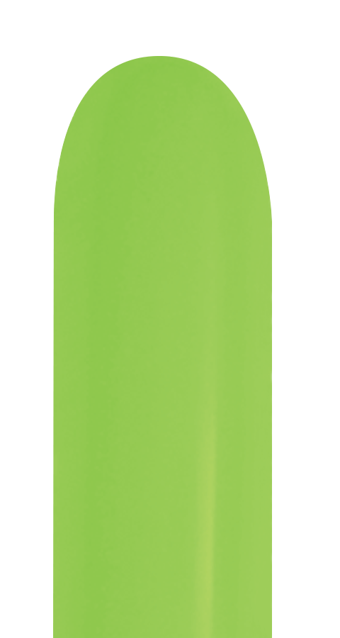 Neon green elongated latex balloon with a smooth, shiny surface and narrow cylindrical shape.