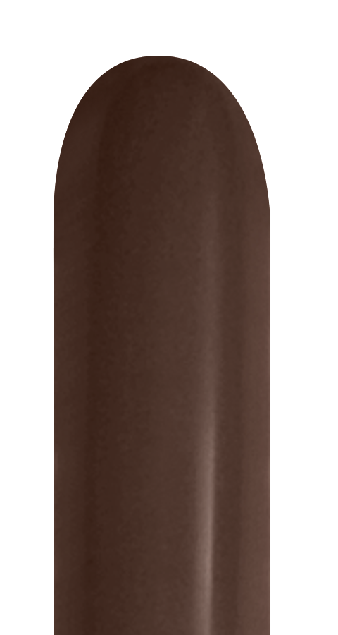 Smooth chocolate brown latex balloon inflated to an elongated oval shape.