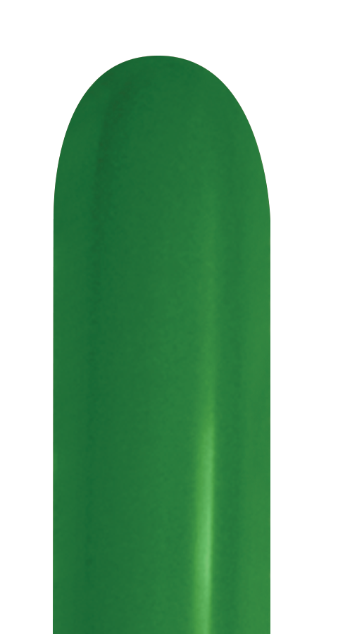 Metallic green elongated latex balloon with smooth shiny surface, uninflated and cylindrical shape.