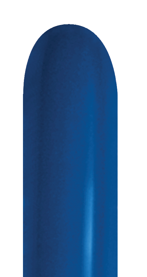 Metallic blue latex balloon inflated to a long, narrow shape with a shiny surface.