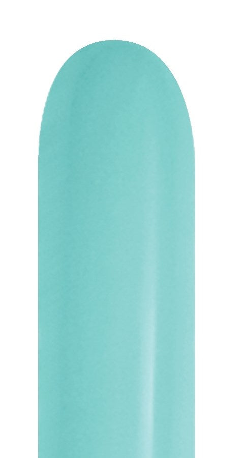 Robins egg blue elongated latex balloon with smooth surface and rounded top.