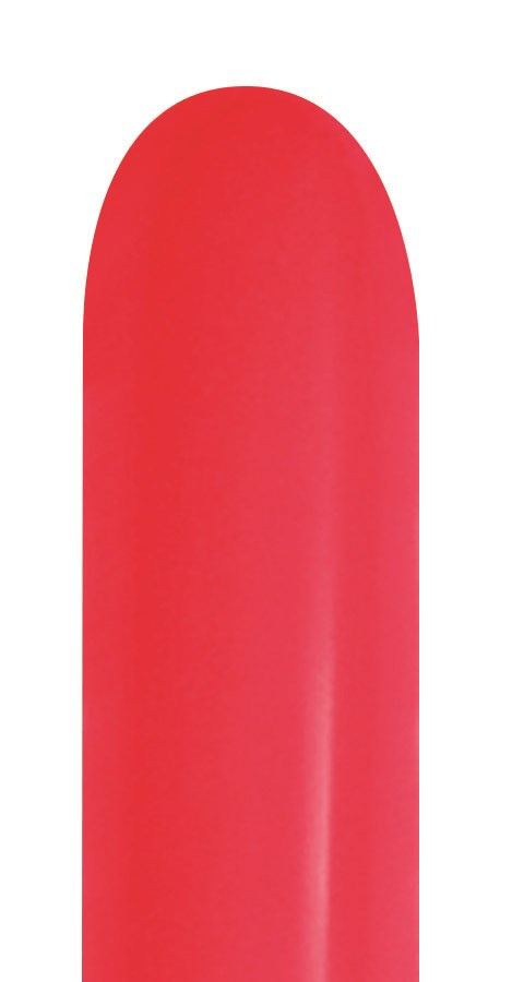 Bright red elongated latex balloon with a smooth surface and sealed nozzle tip.