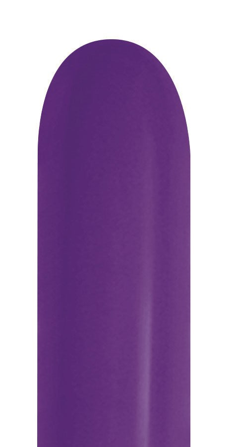 Single elongated violet latex balloon with a smooth surface and rounded tip.