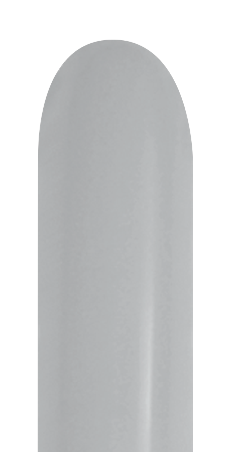 Single grey 260 Sempertex latex balloon with nozzle pointing up, smooth surface.