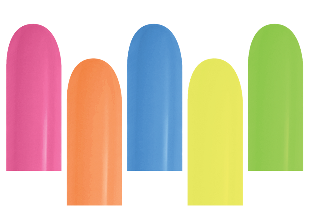 Five neon latex balloon nozzles in pink, orange, blue, yellow, and green colors in a vertical upright arrangement.