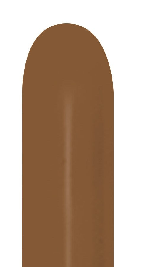 Brown latex balloon in a long, narrow tube shape with rounded tip, designed for twisting.