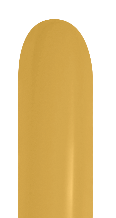 Metallic gold latex balloon with a long, narrow, cylindrical shape and rounded top, inflated upright.