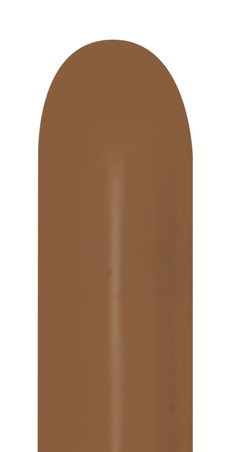Single uninflated coffee brown 260 Sempertex latex balloon with elongated shape and rounded tip.