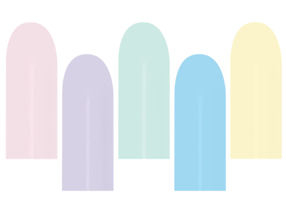 Five pastel matte latex balloon nozzles in soft pink, lavender, mint green, baby blue, and pale yellow colors.