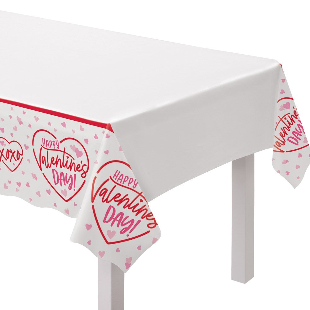 White rectangular tablecover with red heart outlines and "Happy Valentine's Day" text along the edges.