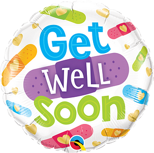 Round foil balloon with colorful cartoon bandages and bold "Get Well Soon" text in blue, purple, and green.