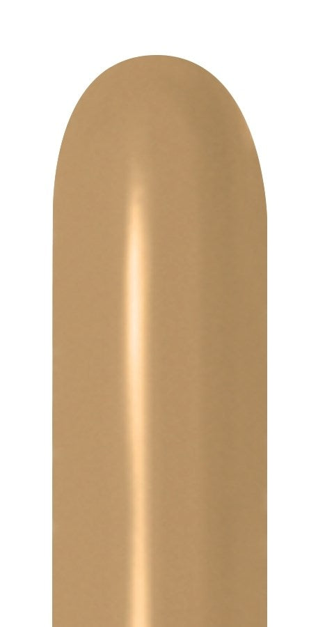 Latte-colored long 260 Sempertex latex balloon with smooth surface and rounded tip.