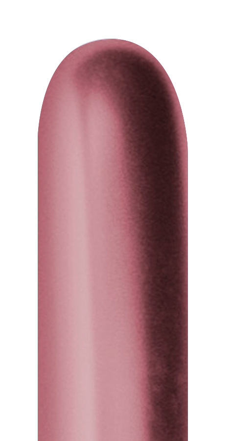 Glossy reflex pink elongated latex balloon deflated against white background.