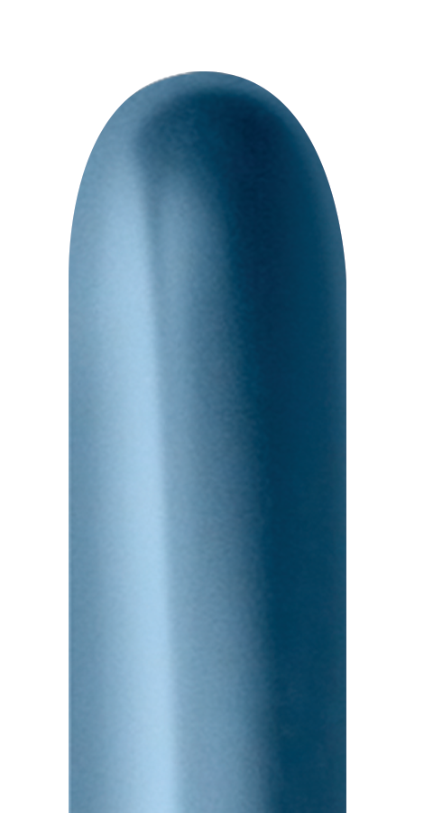 Glossy deep blue elongated latex balloon, uninflated, with rounded tip and narrow end.