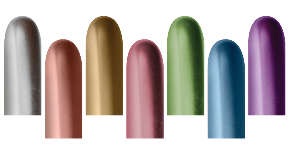 Assorted metallic latex balloons in silver, bronze, gold, green, blue, and purple colors, elongated shape.