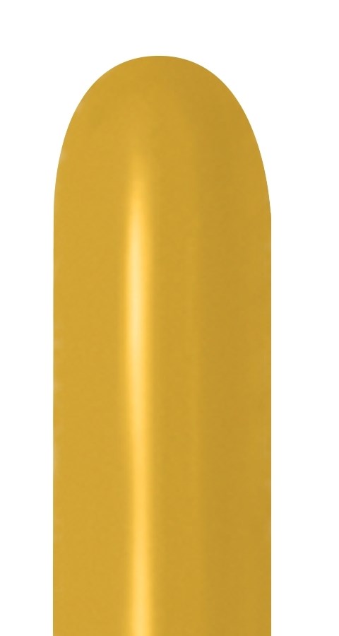 Single mustard yellow elongated latex balloon with a smooth, glossy surface and rounded tip.