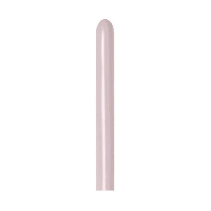 Long, slender latex balloon in a soft pastel dusk rose color with a smooth surface.