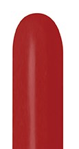 Glossy deep red elongated latex balloon, uninflated with rounded tip and slightly textured surface.