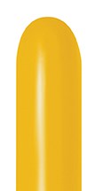 Honey yellow elongated latex balloon with glossy finish, uninflated and narrow at the opening.