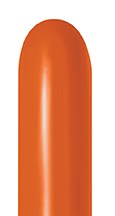Glossy, elongated orange latex balloon with a smooth surface and rounded tip.
