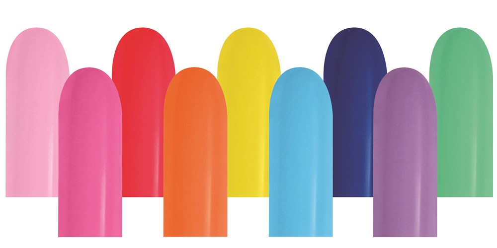 Assorted latex balloons in shades of pink, red, orange, yellow, blue, purple, and green, arranged vertically.